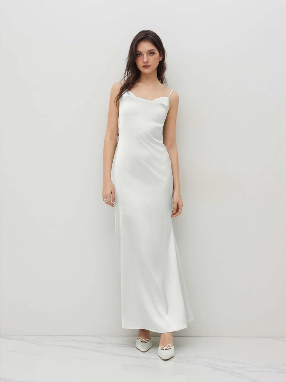 Cider White Satin Cowl Neck 3D Floral Ruched Mermaid Maxi Dress